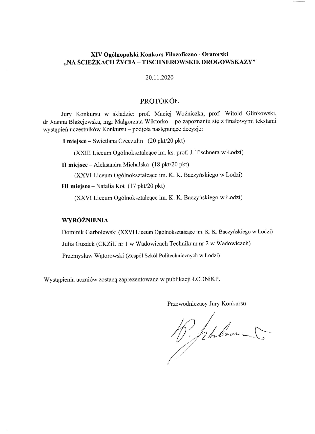 protok&oacute;ł z obrad jury konkursu 2020