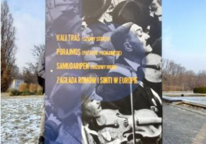 Wystawa plenerowa, karta tytułowa Zakłada Sinti i Roma w Europie.